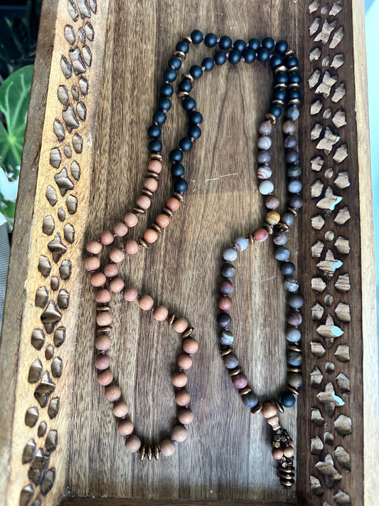 🕊️ Sacred Ground Mala 📿 108 Beads •Sandalwood• Petrified wood• Obsidian• Hematite accent beads (Copper electroplated)